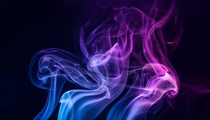 Multicolored thick smoke blue and purple neon on a black background. Thick colorful smoke of purple, blue, white on a black isolated background. Background from the smoke of vape