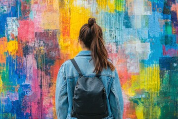 Woman in Denim Jacket Facing Colorful Abstract Wall Art