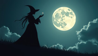 Fototapeta premium Shadowy Silhouette of a Witch Casting Spells Against the Backdrop of a Full Moon.
