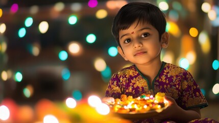 Naklejka premium Cute Indian boy in traditional Diwali dress, offering sweets to family members. The background is filled with colorful lights and festive decor