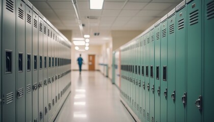 A detailed shot of a row of hospital lockers in sharp focus, with a soft blur of medical staff moving in the background, creating a contrast between order and activity, Generative AI