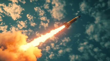 Fototapeta premium A Rocket Flying Through the Sky with a Bright Fiery Trail