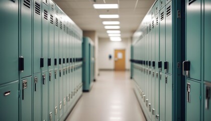 A detailed shot of a row of hospital lockers in sharp focus, with a soft blur of medical staff moving in the background, creating a contrast between order and activity, Generative AI