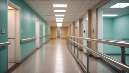 A detailed shot of a hospital handrail along the corridor, the metallic surface gleaming in focus, while the hallway and people are softly blurred in the distance, Generative AI