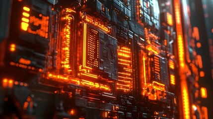 Fototapeta premium Detail of a futuristic machine. 3D illustration of a futuristic wall made of various details under orange neon lights. Cyberpunk background. Industrial wallpaper. Grunge details. 