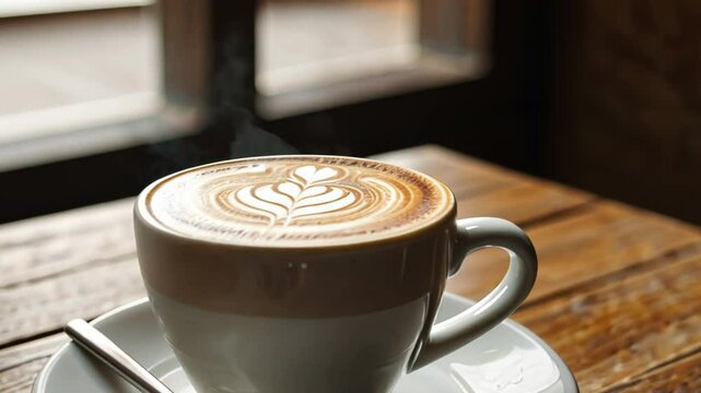 A close-up of a latte with intricate art on a rustic wooden table, softly lit by natural light. A notebook and pen add minimalist touches, creating a cozy, inviting coffee shop vibe.