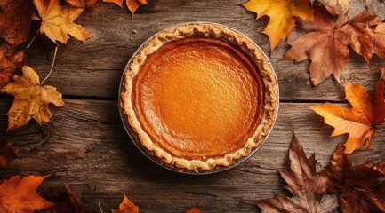 Top view of a homemade pumpkin pie on a rustic wooden table, with autumn leaves surrounding it. Thanksgiving Day festive vibes