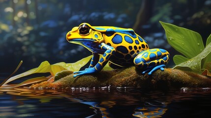 Vibrant blue and yellow poison dart frog on a watery surface 