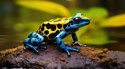 Fototapeta premium Vibrant blue and yellow poison dart frog on a watery surface. 