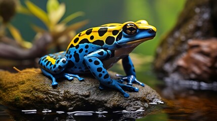 Vibrant blue and yellow poison dart frog on a watery surface. 