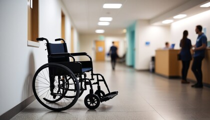 A detailed image of a hospital wheelchair parked by the wall, with a blurred wave of people checking in at the front desk in the background, Generative AI