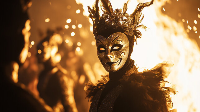 Evening at the F&ecirc;te des Masques, glittering masks lit by a large bonfire, dancers moving around the fire, shadows dancing on the surrounding walls, Ai generated images