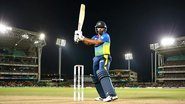 A cricket player powerfully hits the ball in a packed, floodlit stadium, capturing the dynamic movement and excitement of the game in an intense, energetic atmosphere.