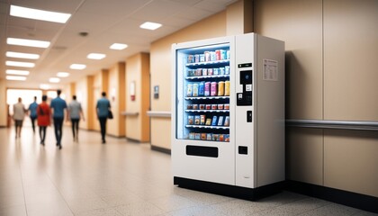 A sharp image of a hospital vending machine, fully stocked, with a blurry crowd of visitors and patients walking down the emergency room corridor, Generative AI