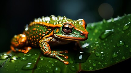 Fototapeta premium amphibian camouflage emerald tree frog perched on glossy rainforest leaf droplets accentuating texture macro photography highlighting intricate details and perfect adaptation 