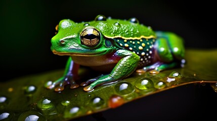 amphibian camouflage emerald tree frog perched on glossy rainforest leaf droplets accentuating texture macro photography highlighting intricate details and perfect adaptation 