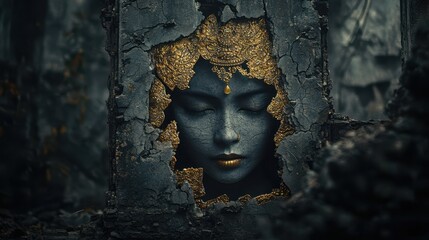 Golden Face Emerging From Cracked Stone