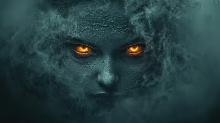 Creepy Glowing Eyes in Smoke and Darkness