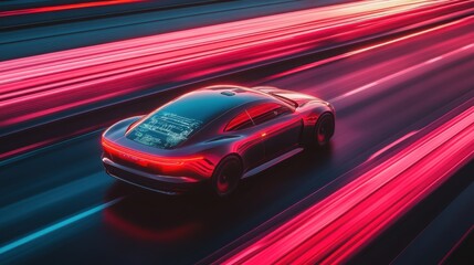 Fototapeta premium Futuristic self-driving car speeds on a neon-lit highway, AI control panel glowing as advanced digital elements guide it