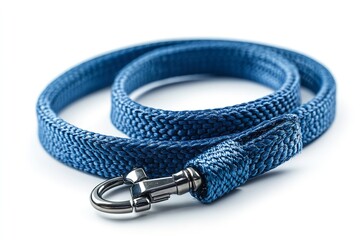 A white backdrop with a single blue dog leash. Generative Ai