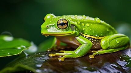 Naklejka premium vibrant green frog perched on dewy leaf after rainfall amphibian wildlife portrait photograph 