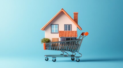 A miniature house placed in a shopping cart, symbolizing real estate and consumerism.