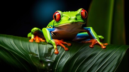 Red-Eyed Tree Frog on Leaf: Vibrant amphibian with striking red eyes perched on a lush green leaf in a dark, moody setting. A captivating close-up showcasing the beauty of nature's detail.  
