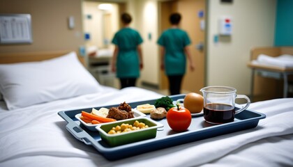A sharp view of a hospital food tray on a bed, with a blurred figure of a patient resting and medical staff walking in the background, Generative AI