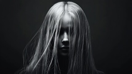 Woman with Long Blonde Hair Covering Face in Black and White