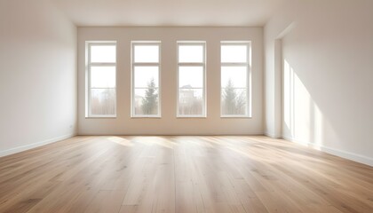 Empty room with wooden floor and large window, bright and minimalist.