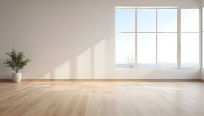 Empty room with wooden floor and large window, bright and minimalist.