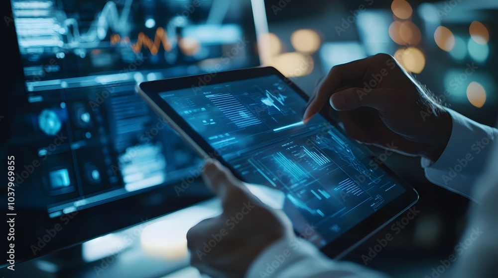 Poster man with futuristic digital tablet on a project.
