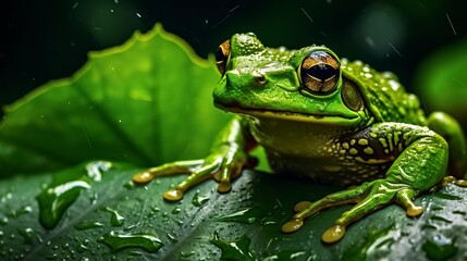 Obraz premium Dewkissed amphibian vibrant green frog rests on wet leaf closeup nature photography 