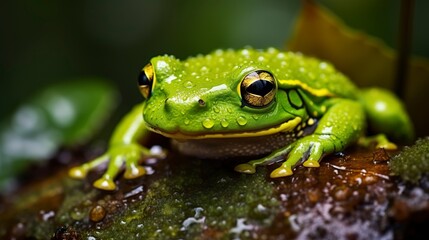 Naklejka premium Dewkissed amphibian vibrant green frog rests on wet leaf closeup nature photography 