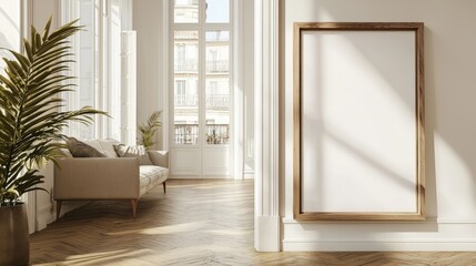Fototapeta premium a frame mock-up with a wooden frame in a contemporary appartement