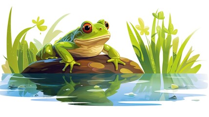 Frog crouched by the edge of a pond, partially submerged, vector illustration art. isolate on white background 
