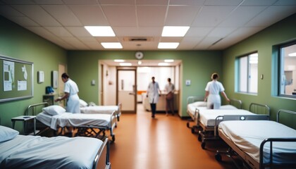 Obraz premium A sharp focus on a hospital exit sign, with the blurred backdrop of chaos�nurses pushing beds, patients being evacuated, and doctors shouting in confusion, Generative AI