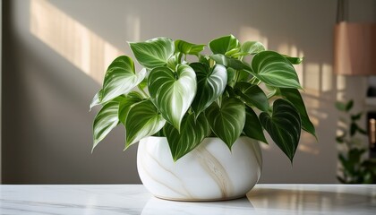 A photo of a Pothos plant (Epipremnum aureum) with large, heart-shaped leaves in shades of vibrant green, The plant is placed in a sleek, luxurious white marble pot. The background is a beige wall wit