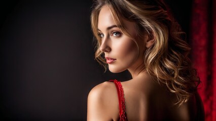 Fototapeta premium Woman in red lingerie her back view radiant with light as if she s