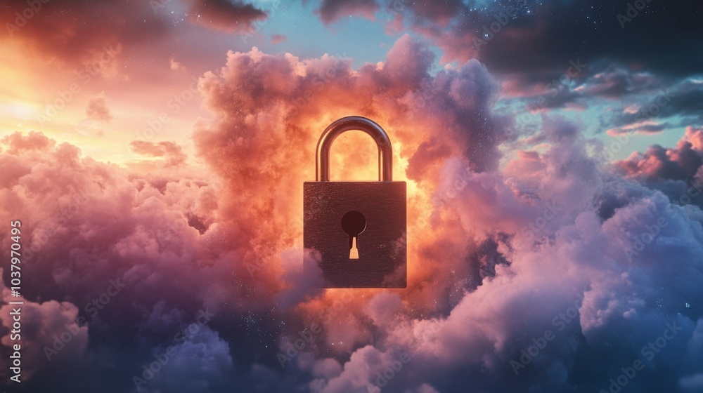 Poster metallic padlock floating in a digital sky surrounded by data clouds, representing cloud security an