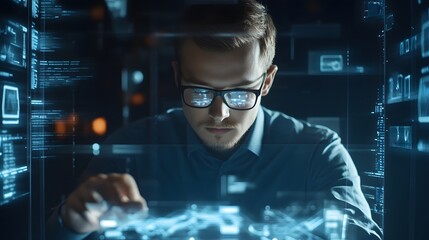 Man with futuristic digital tablet on a project. 