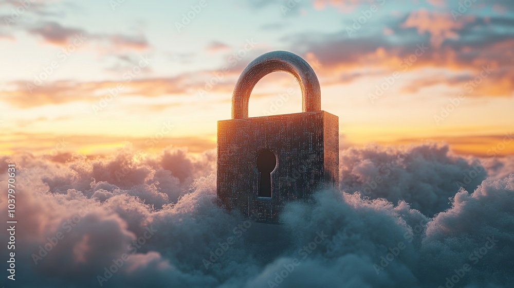 Poster metallic padlock floating in a digital sky surrounded by data clouds, representing cloud security an