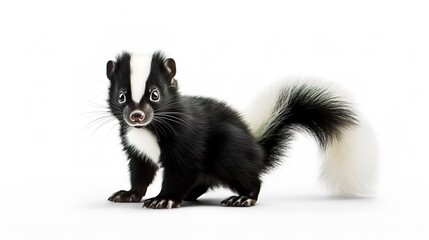 Obraz premium Cute baby skunk with a fluffy tail isolated on white background 