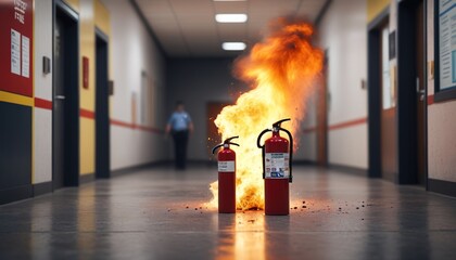 A focused shot of a police station fire extinguisher on the wall, while the blurred background reveals panicked civilians and officers running, Generative AI