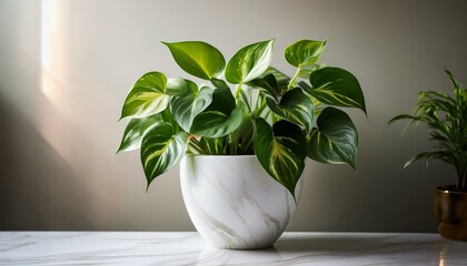 A photo of a Pothos plant (Epipremnum aureum) with large, heart-shaped leaves in shades of vibrant green, The plant is placed in a sleek, luxurious white marble pot. The background is a beige wall wit