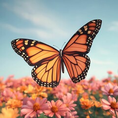 Naklejka premium A vibrant monarch butterfly flutters gracefully over a field of pink flowers under a clear blue sky.