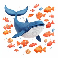 Fototapeta premium A playful blue whale swims among colorful orange fish in a vibrant underwater scene, showcasing marine life in a whimsical style.