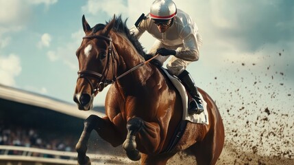 A jockey races on a horse, showcasing speed and excitement in a competitive setting.