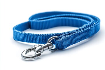 Fototapeta premium A white backdrop with a single blue dog leash. Generative Ai