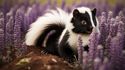 Obraz premium black and white skunk in nature with lavenders 